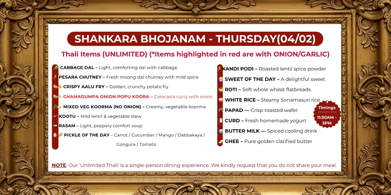 Shankara Vilas  Enjoy Unlimited Thali This Thursday  in Plano