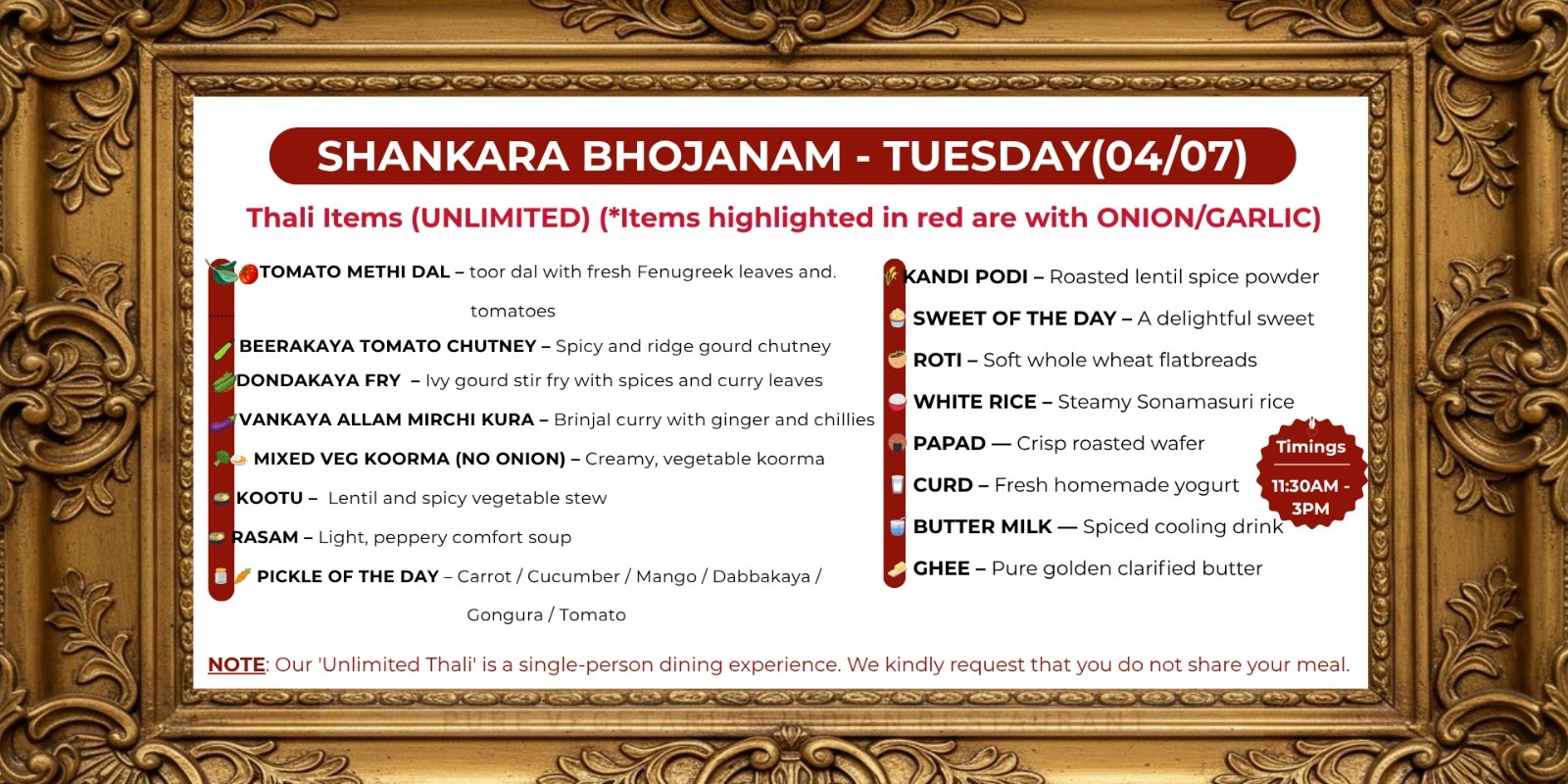 Shankara Vilas  Unlimited Tuesday Bhojanam Thali. Authentic South Indian Meals