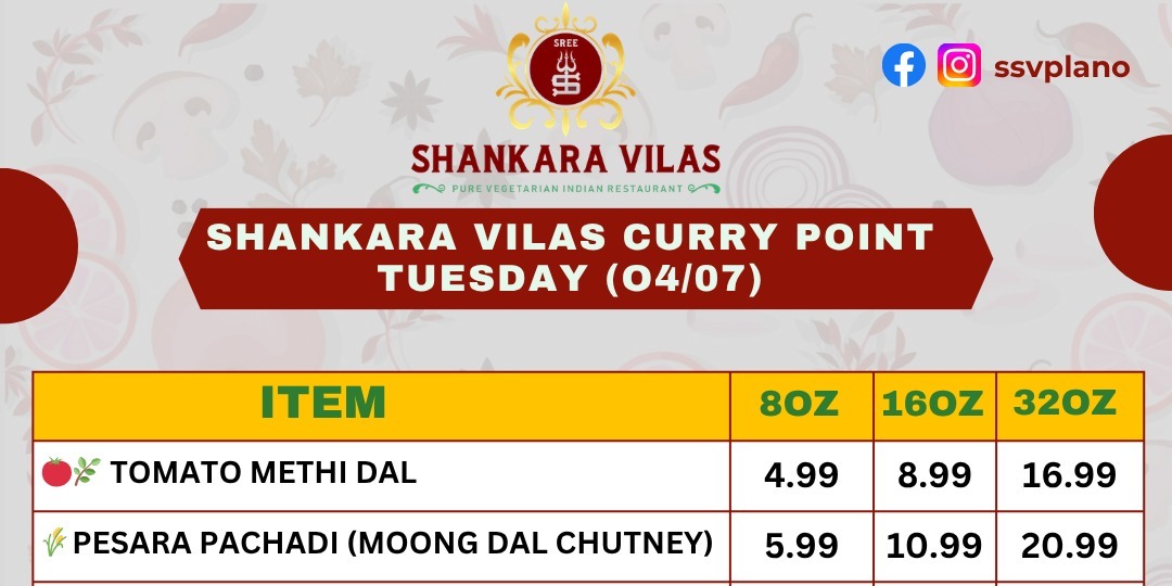 Shankara Vilas Curry Point - Tuesday Vegetarian Special Menu (04/07) in Plano