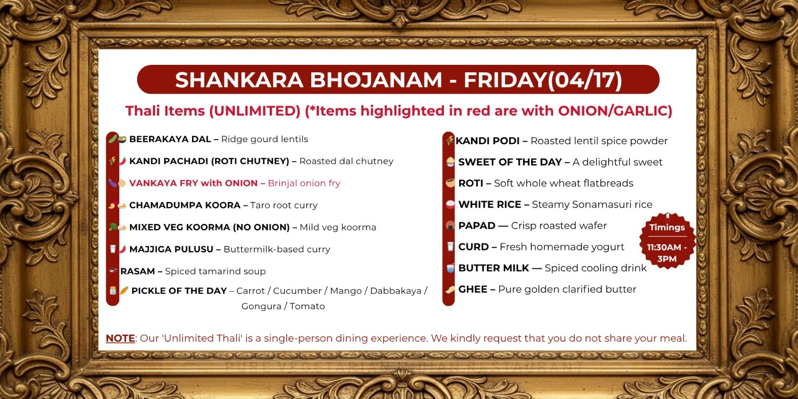 Shankara Vilas Bhojanam - Unlimited Friday Thali Experience in Plano, TX