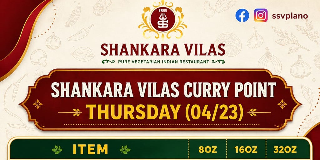Shankara Vilas Plano Thursday Curry Point Menu  Fresh Pure Veg Indian Meals