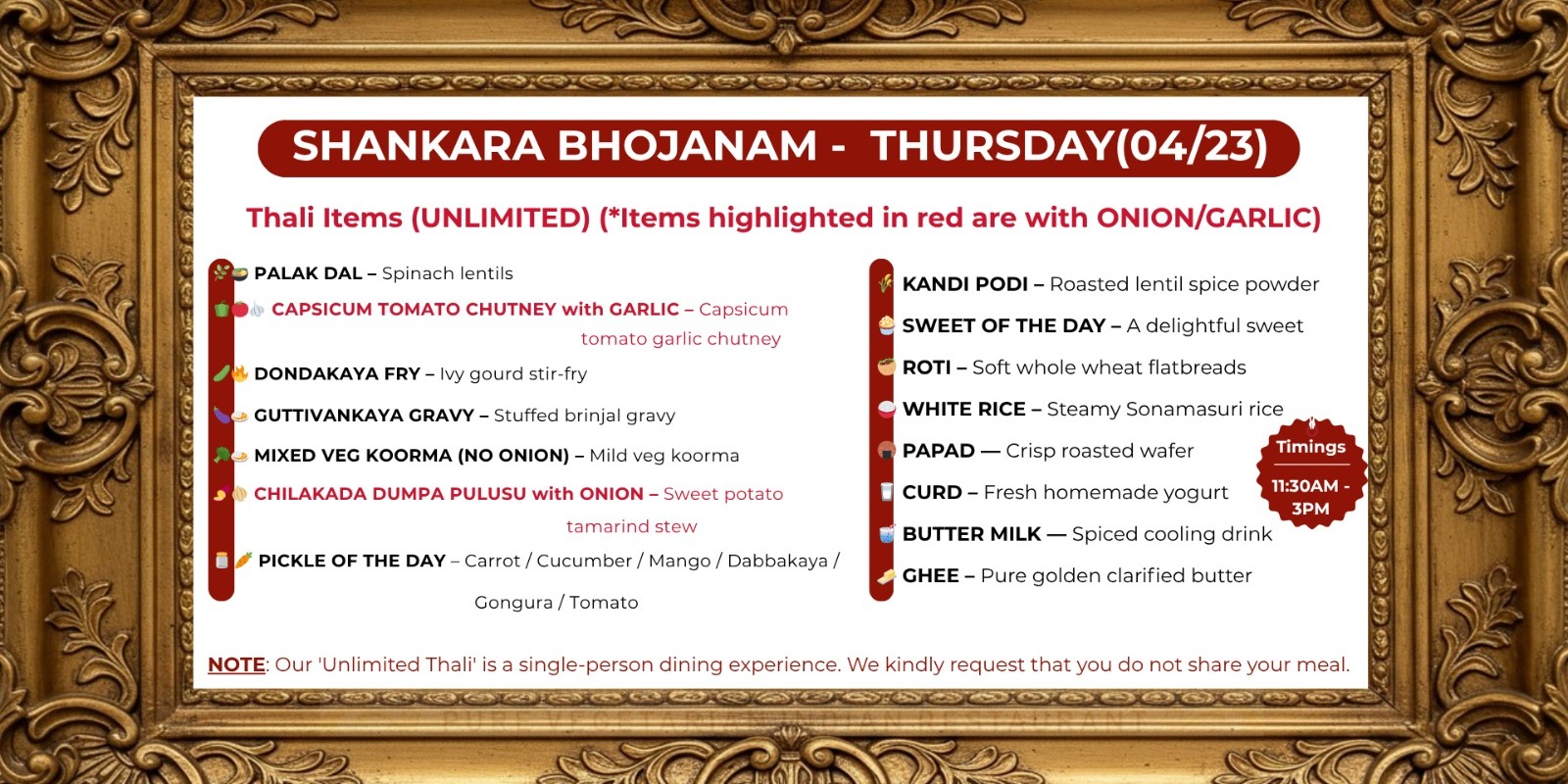 Shankara Vilas Plano Thursday Bhojanam  Unlimited Veg Thali Menu Special