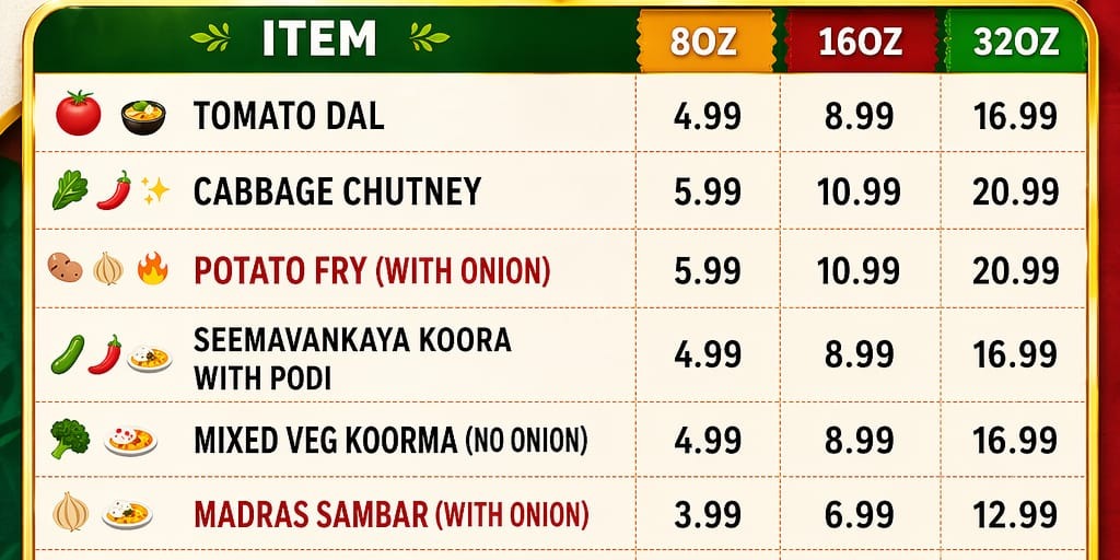 Shankara Vilas Plano Friday Curry Point Menu: Fresh Pure Veg Indian Specials