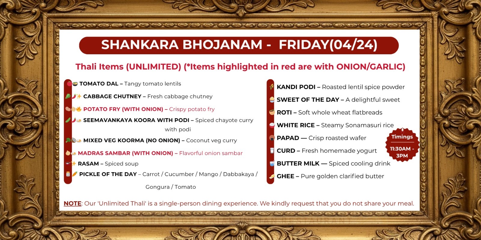 Unlimited Thali Alert Shankara Vilas Plano Friday Bhojanam Special