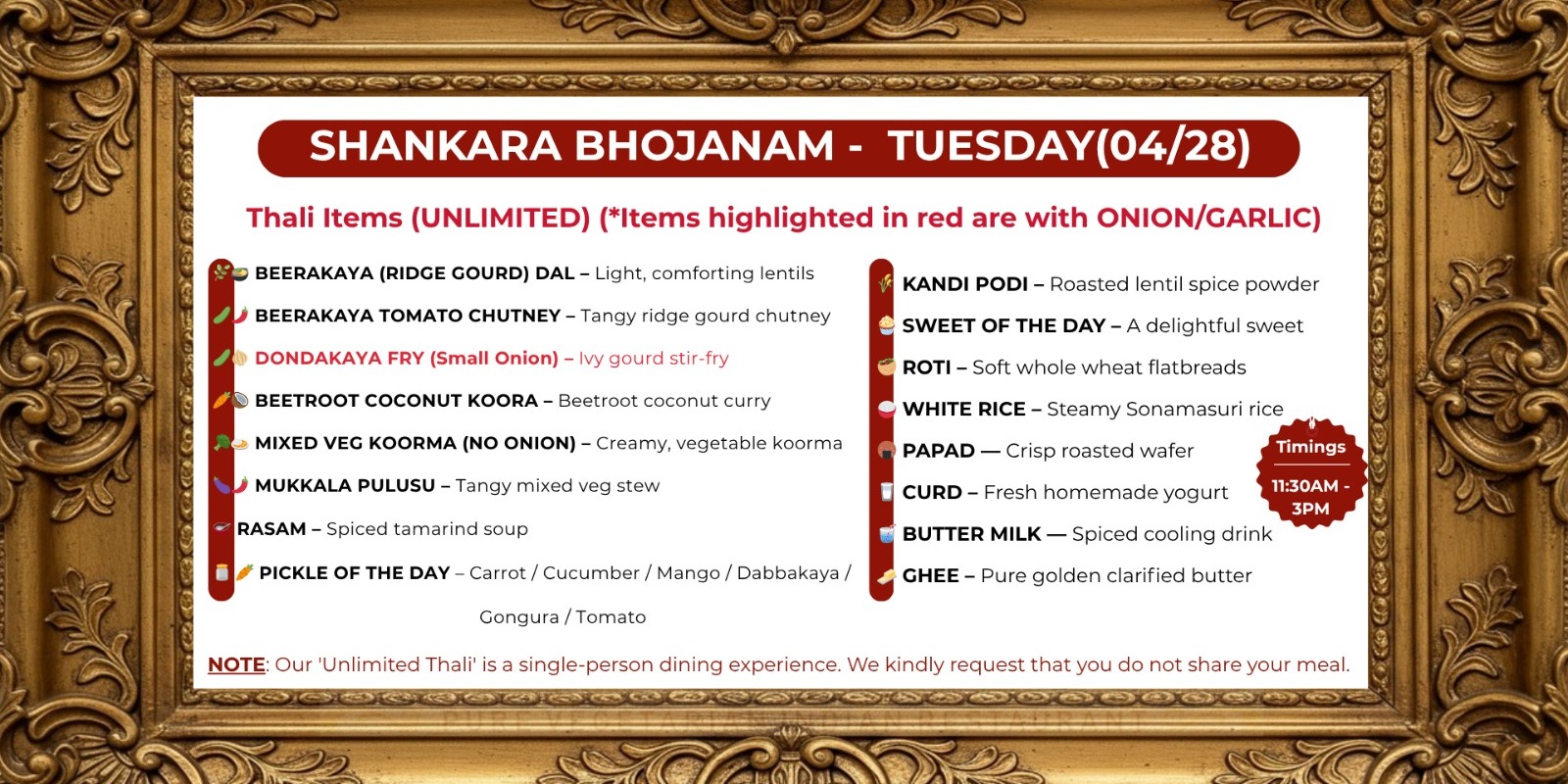 Shankara Bhojanam Plano – Unlimited Tuesday Thali Special Authentic Andhra Meals