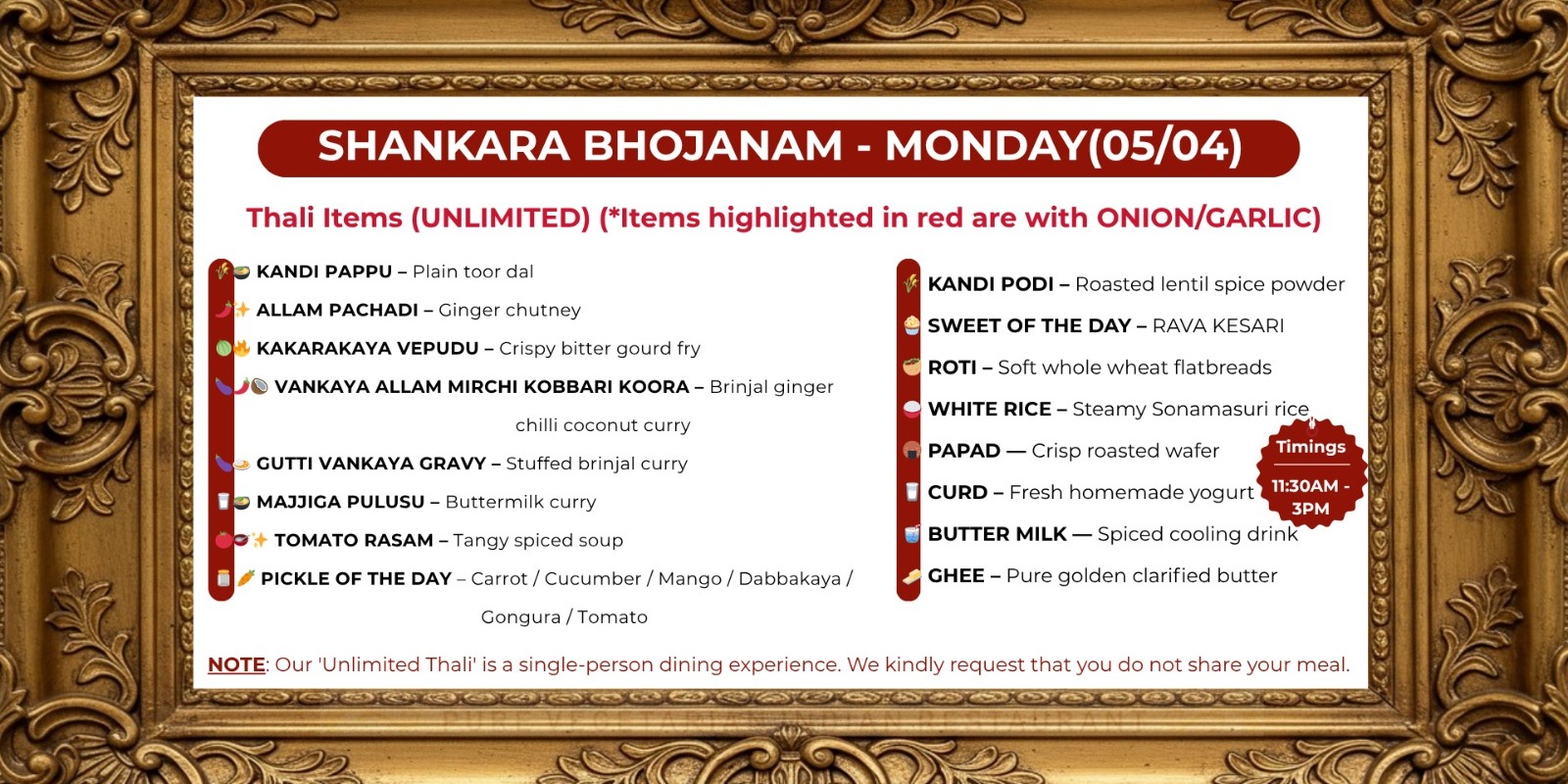 Shankara Vilas Unlimited Bhojanam Monday Special – Authentic Veg Thali in Plano TX