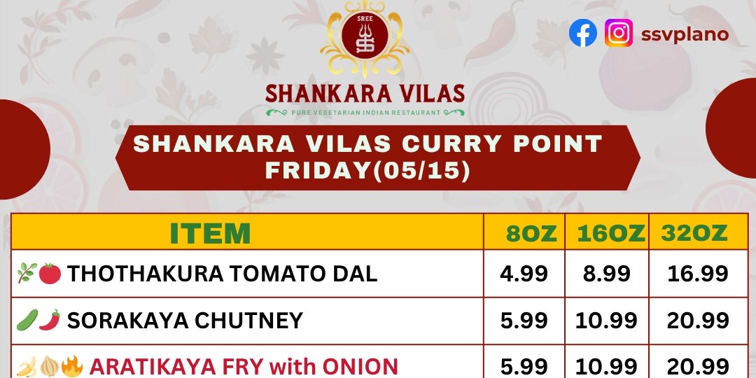 Shankara Vilas Curry Point Friday Menu With Fresh Veg Specials
