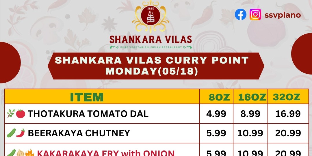 Shankara Vilas Curry Point Monday Specials in Plano TX | Fresh Indian Veg Meals
