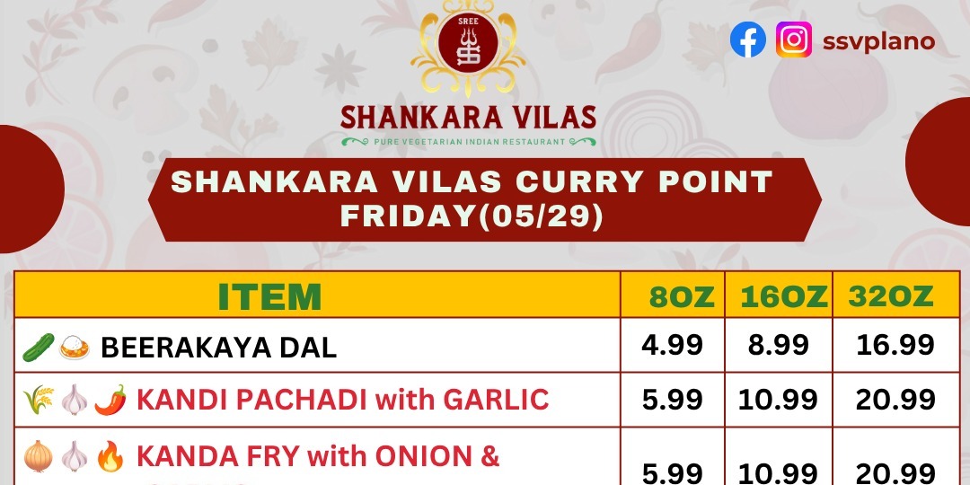 Shankara Vilas Plano: Friday Curry Point Specials – Authentic Vegetarian Indian Curries