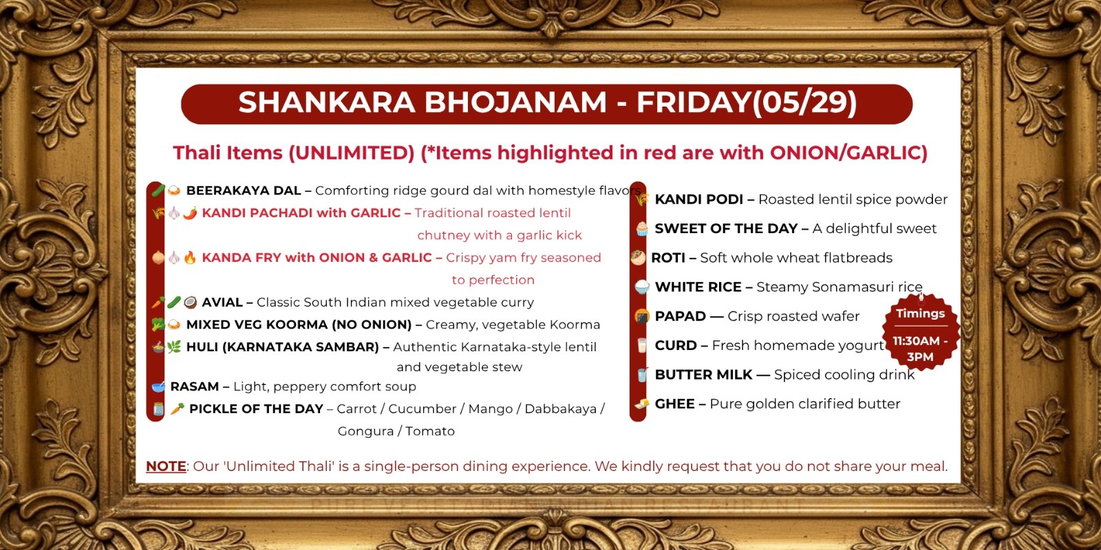 Shankara Vilas Plano: Friday Bhojanam Specials – Unlimited Thali Items