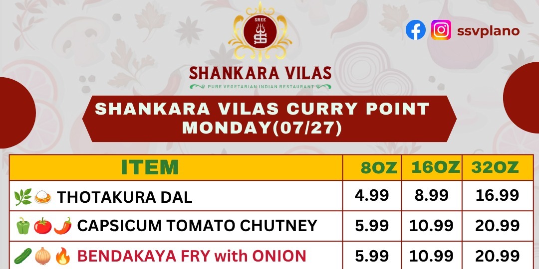Shankara Vilas   Monday Curry Point Menu in Plano, TX – July 27