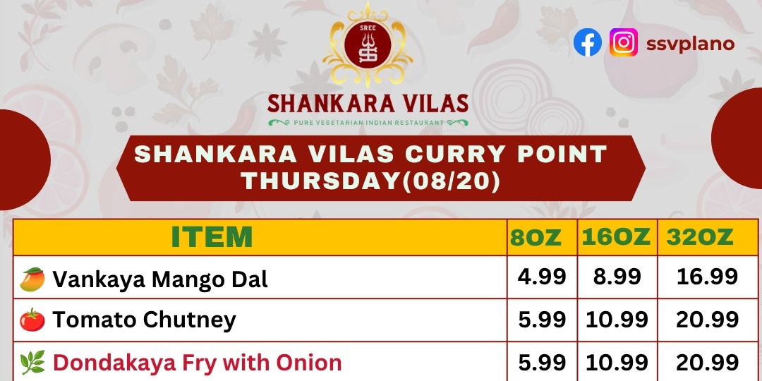Shankara Vilas: Thursday Vegetarian Curry Point Menu