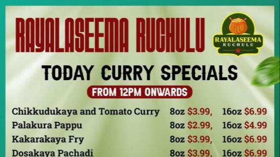 RAYALASEEMA RUCHULU -Today's Curry Specials - Available from 12 PM Onwards