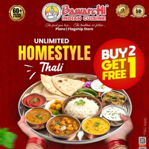 Bawarchi Indian Cuisine: Unlimited Homestyle Thali  – Buy 2, Get 1 Free at Plano