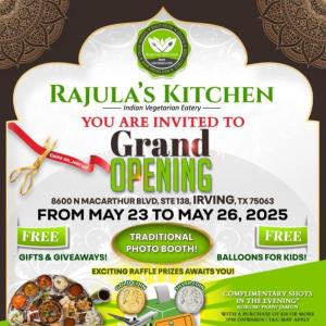 Rajula’s Kitchen Grand Opening – Free Gifts, Raffle Prizes, Unlimited Gujarati Thali & More in Irving, TX