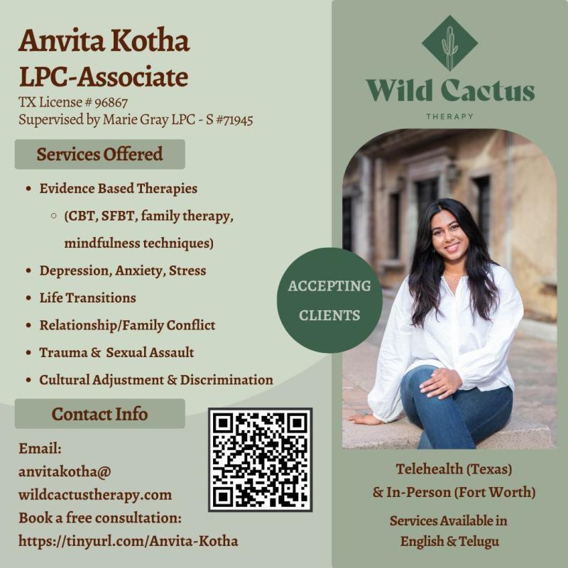 Wild Cactus Therapy- Anvita Kotha, LPC-Associate in Dallas, TX