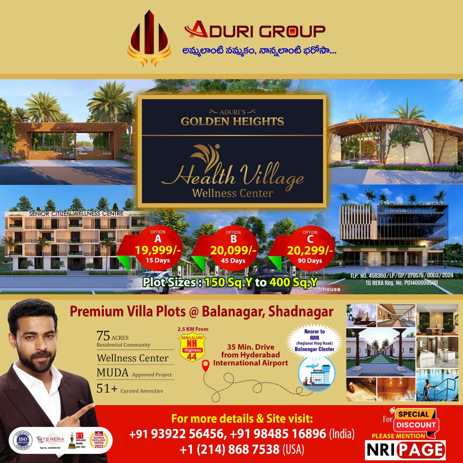 Aduri Group – Premium Villa Plots for Sale at Golden Heights Wellness Center, Shadnagar & Balanagar