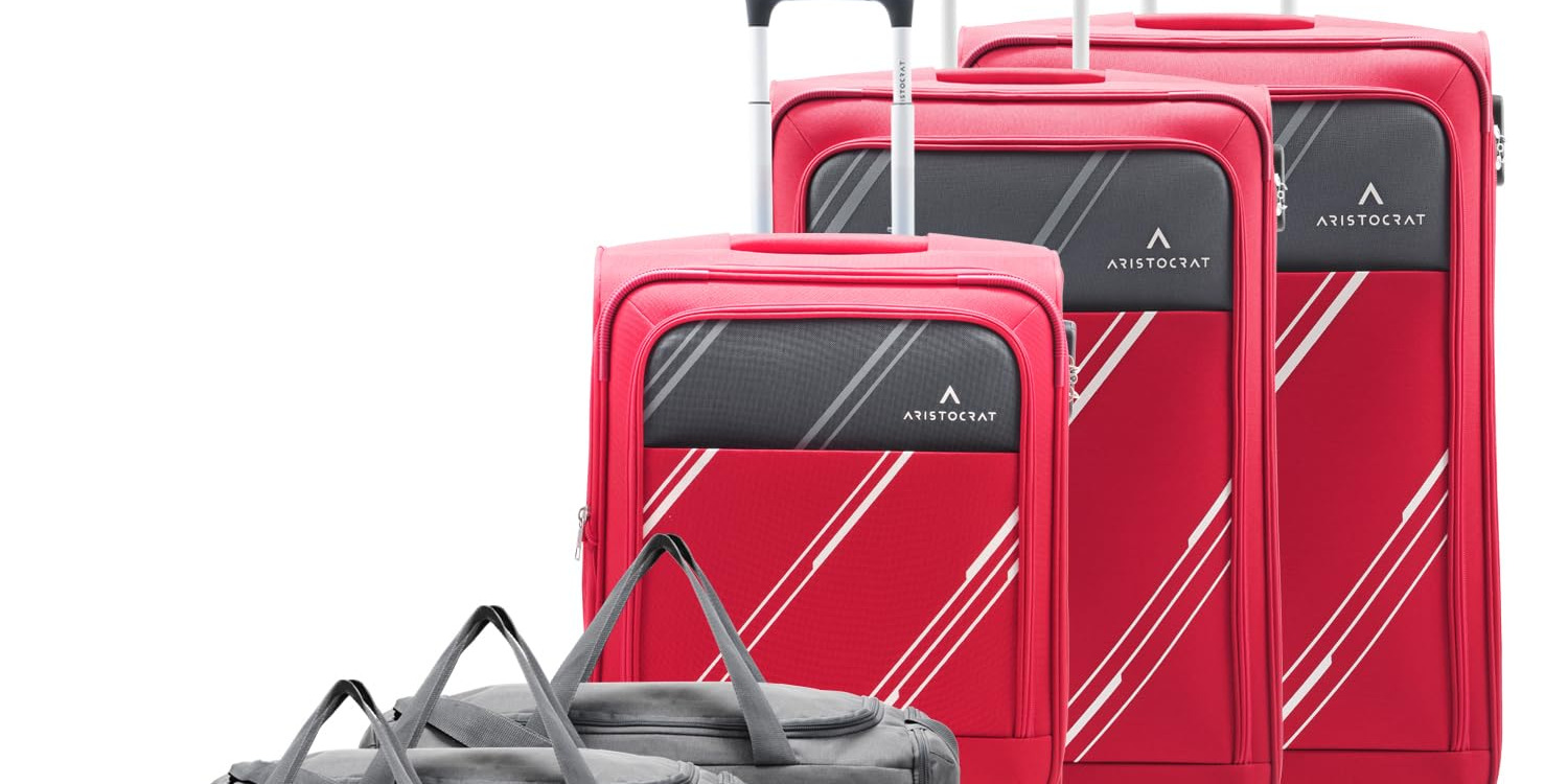 Aristocrat Polyester Trigon Soft Side 4 Spinner Wheels Hexa Luggage Set Of 6|3 Trolley Bags(Cabin 55Cm+69Cm+79Cm)&3 Duffle Bags 52Cm For Travel|5 Years International Warranty (Red) Small,Medium&Large