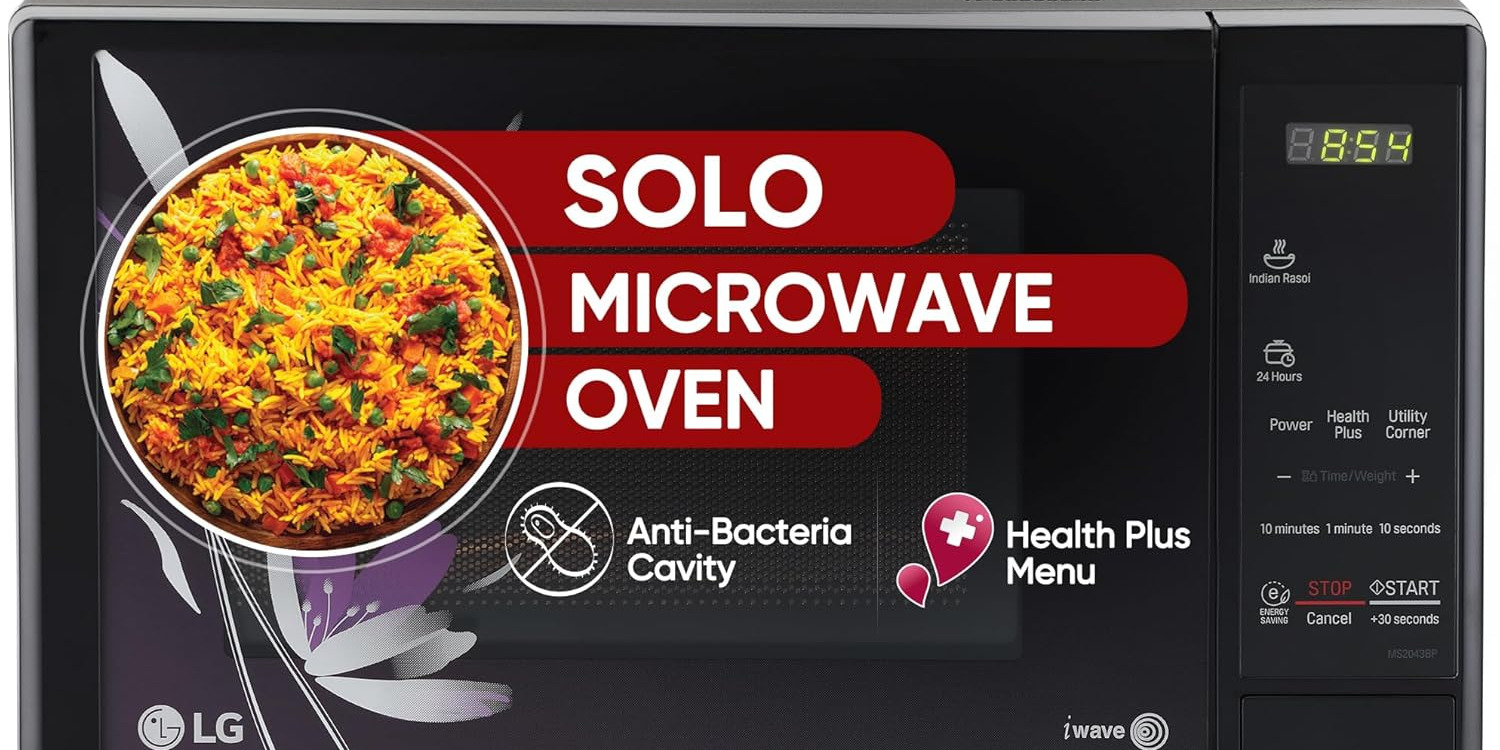 LG 20 L Solo Microwave Oven (MS2043BP, Black, Health plus Menu, I-Wave Technology, Indian Cuisine, Even Reheat & Defrost, Auto Cook Menu, Anti-Bacterial Cavity & Steam Clean)
