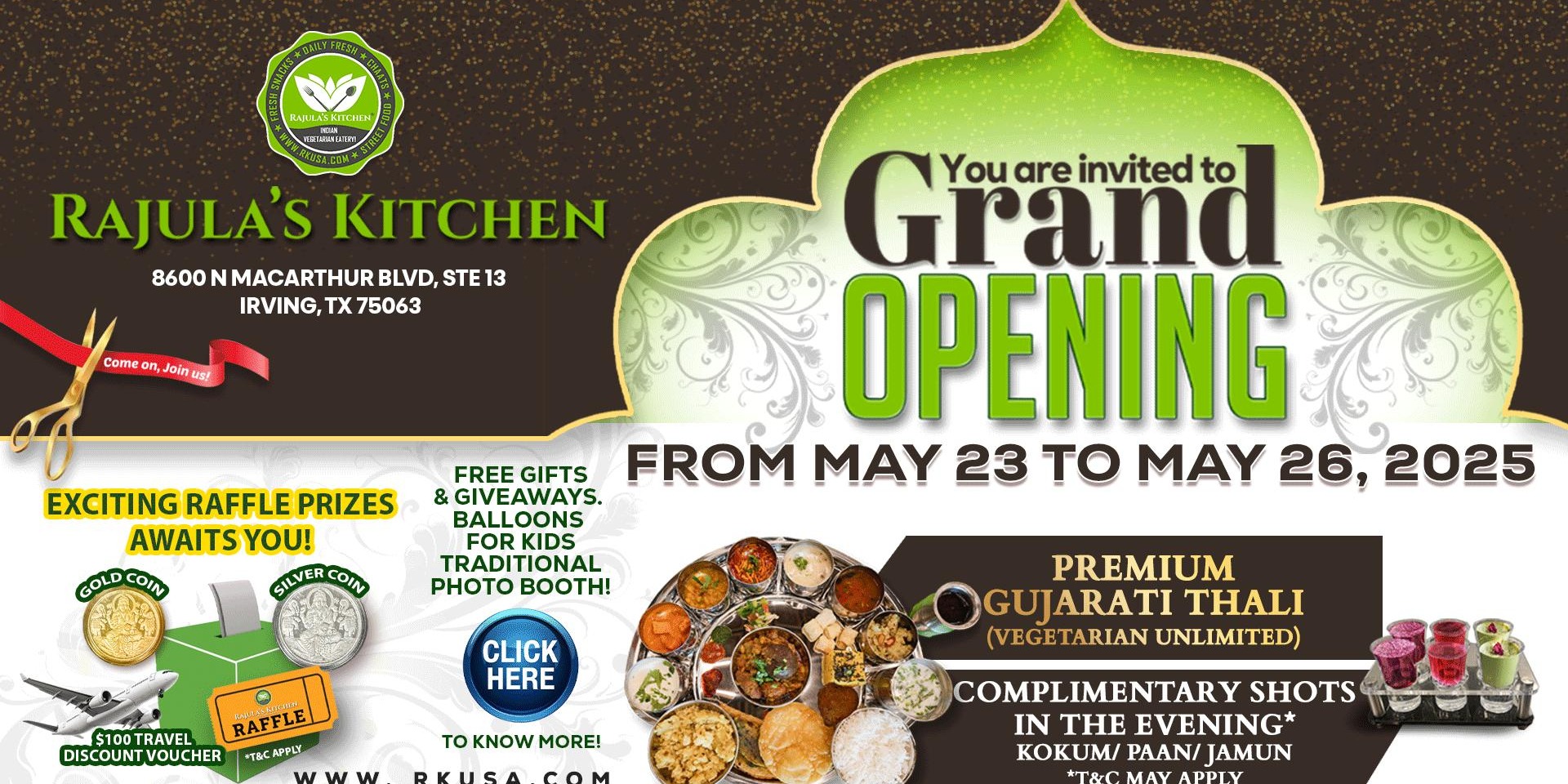 Rajula’s Kitchen Grand Opening – Complimentary Shots & Exclusive Offers Await!