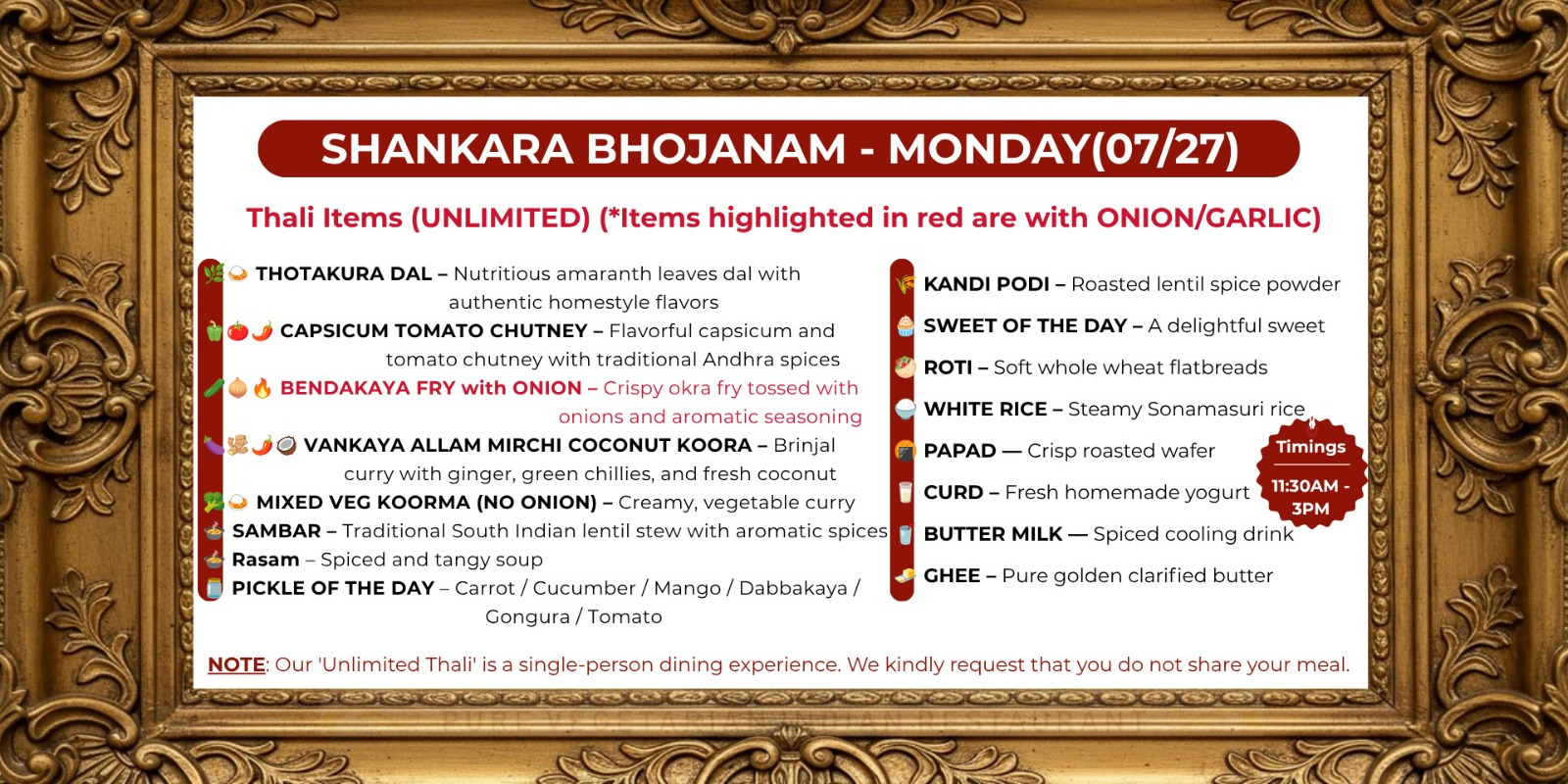 Shankara Vilas | Unlimited Monday Bhojanam Thali in Plano, TX