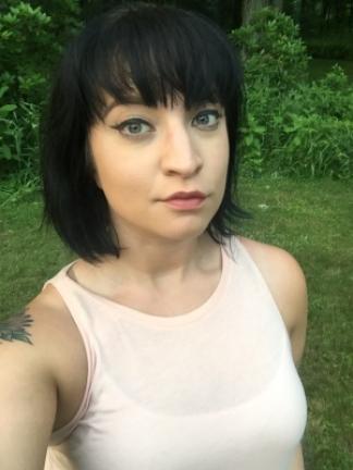 Marissa Miller uses a selfie stick to take the photo on the left in order to capture the barn and buildings in the background.