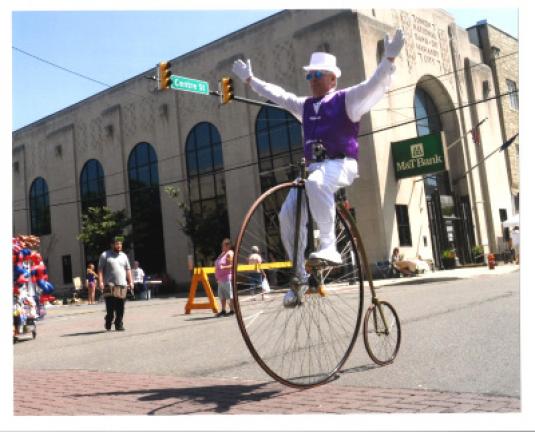 The Victorian highwheel is a relic from the 1871 birth of human-powered transportation. Learning to ride is challenging, but once you do, it's sheer fun, as seen here during my recent visit to Mahanoy City. ANDY MATSKO PHOTO
