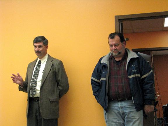 LIZ PINKEY/SPECIAL TO THE TIMES NEWS Greg Tucci (left) from the Pottsville EMS and Joel Essington (right) from the Tamaqua Ambulance Association discuss proposed changes in the ALS and BLS services that Schuylkill Township currently has. Under a…