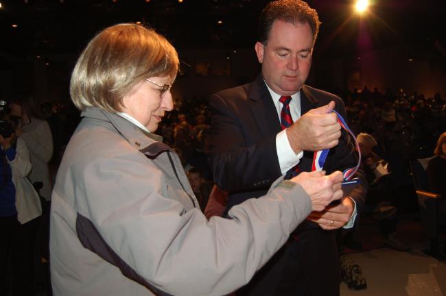 Gail Maholick/TIMES NEWS Rose Marie Austin receives her medal and Pennsylvania House of Representatives citation from Speaker of the House Keith McCall. She was one of 300 men and women who served during the Vietnam War who were recognized for their…