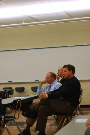 JOE PLASKO/TIMES NEWS Michael W. Fegley, front, and Robert A. Miller III, officers in the newly-formed Tamaqua Blue Raider Foundation, announced the formation to the Tamaqua Area School Board.