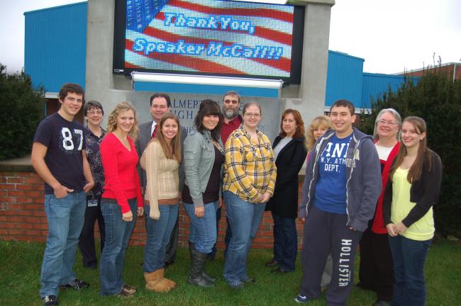 TERRY AHNER/TIMES NEWS  Those who gathered in front of the new sign that rests outside Palmerton Area High School on Tuesday include, front row from left, seniors Ryan Kleintop, Nicole Haas, Stephanie Gursky, Allison Horinko, Courtney Gruber, Serhat…