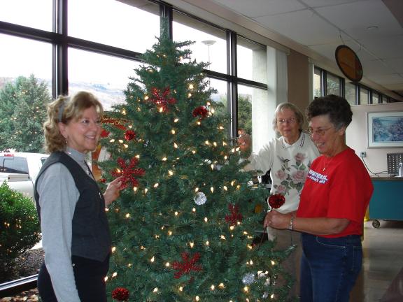MARY TOBIA/SPECIAL TO THE TIMES NEWS Left to right: Barbara Hafer-Palmerton Concourse Club member, Trina Ely-Palmerton Hospital Auxiliary member and Barb Snell- Palmerton Concourse Club member have fun trimming a tree in the Blue Mountain Health…