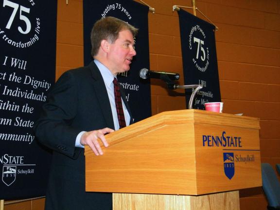 ANDREW LEIBENGUTH/SPECIAL TO THE TIMES NEWS Sen. Dave Argall (PA R-29) talks to a full house during his Health Care Reform Discussion held at the Penn State Campus in Schuylkill Haven.
