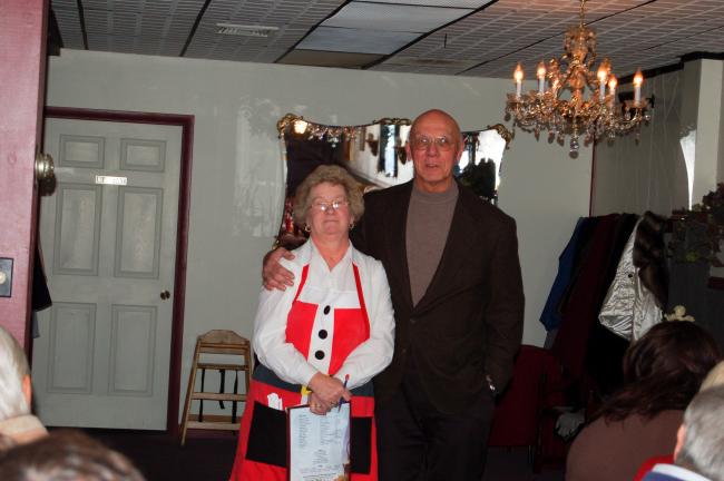 TERRY AHNER/TIMES NEWS Alice Kegel is recognized by Palmerton Area Chamber of Commerce president Peter Kern Tuesday for her 40 years as an employee of Bert's Steakhouse and Restaurant.