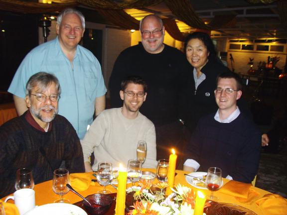 Thanksgiving with a few friends. FRONT: Mike Peters, China Daily; Brian Peach, Global Times; and Brandon Taylor, Beijing Review. BACK: Ken McManus, South China Morning Post); Jim Spear, School House owners; and his wife, Liang Tang.