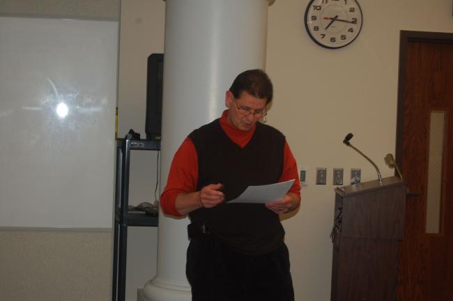 TERRY AHNER/TIMES NEWS George Petrole, chief operating officer for Northface Development, LLC, Lehighton, informs Palmerton Area School Board on Tuesday of his intentions to purchase the abandoned Palmerton West Plant and convert it into a 100-acre…