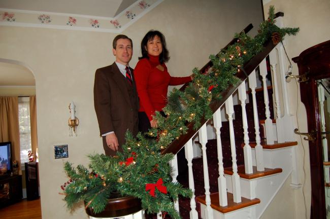 LINDA KOEHLER/TIMES NEWS Steve and Jenny Serfass decorated their stairway in their gracious Edgemont Ave. home for the Christmas holiday with beautiful lighted garland.