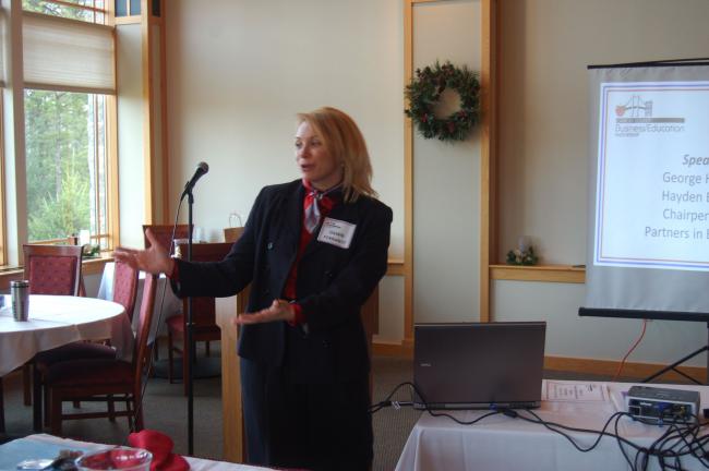 TERRY AHNER/TIMES NEWS  Dawn Ferrante, Carbon County Business/Education Partnership interim chairperson/director of the Carbon County Economic Development Department speaks during the Carbon County Business Education Partnership Breakfast Thursday…