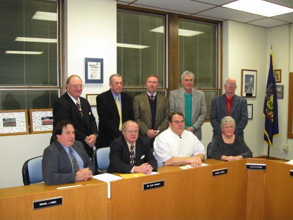 RICK GRANT/SPECIAL TO THE TIMES NEWS The Jim Thorpe Area School District's Board of Education. (front row, l. to r.) Gerald Strubinger, Board President Dennis McGinley, Richard Karper, Ellen M. Kattner. (standing, l. to r.) Michael J. Huber, Robert…