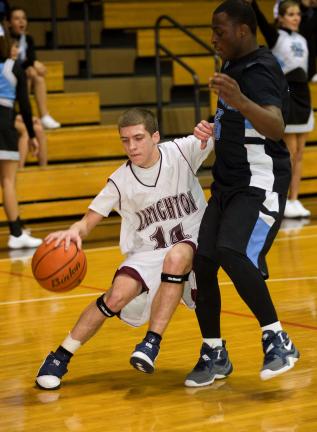BOB FORD/TIMES NEWS Lehighton's D.J. Rossino moves in front of Kwamaine Blake of East Stroudsburg North to keep the ball away from him.
