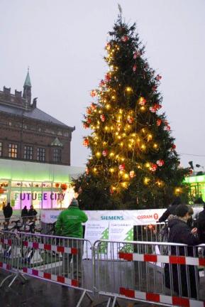 A Christmas tree in City Hall Square, Copenhagen, is lit by pedal power from a stationary bike.