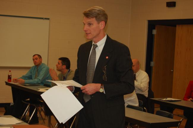 JOE PLASKO/TIMES NEWS John B. Kelly of PNC Capital Markets details the Tamaqua Area School District's refinancing of a series of 2003 general obligation bonds, which will result in over $136,000 in savings to the district.