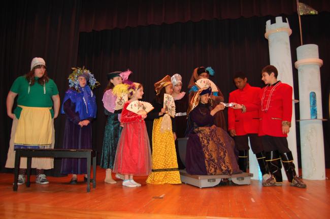 Gail Maholick/TIMES NEWS Drama students at the Lehighton Area Middle School will present "The Glass Slipper" at 7:30 p.m. Wednesday and Thursday. From left are Aleigh Smith (attendant), Kira Dorward (Lady Blossom), Abbey Obert (Lady Jane), Tia…