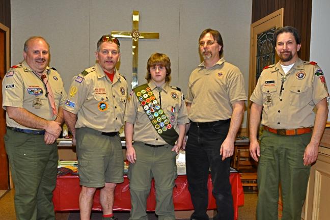 VICTOR IZZO/SPECIAL TO THE TIMES NEWS Pictured with Eagle Scout Gabriel Youngkin at his Eagle Court of Honor are past and present Scoutmasters of Troop 209. They are, left to right : Gary Kleintop, Rick Anderson, Gabriel, Dave Vieling, and Fred Lesko.