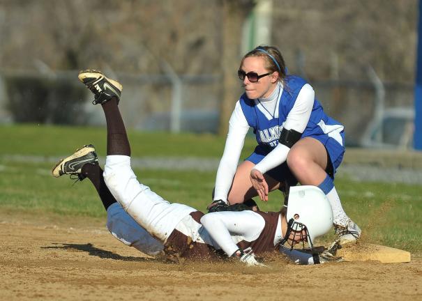steve shinko/special to the times news Palmerton's Sierra Miller applies the tag as Catasauqua's Paige Kogelman gets picked-off at first base to end the game Wednesday afternoon in Palmerton.