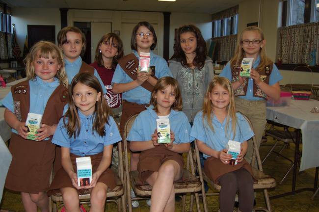 Gail Maholick/TIMES NEWS Members of Brownie Troop 3682, Lehighton, collected funds for Heifer International. The goal is to help poor families with the purchase of a few chickens with their donated funds that will provide eggs and training to pass…