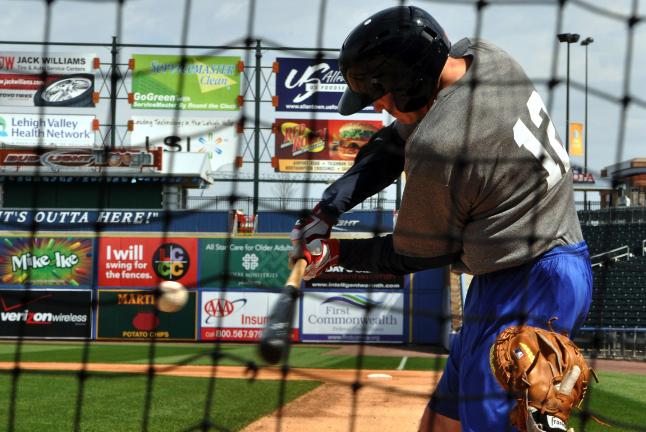 MIKE FEIFEL/TIMES NEWS Lehigh Valley IronPigs player Rich Thompson takes a swing during batting practice on Monday at Coca-Cola Park. The IronPigs host the Reading Phils tonight in an exhibition game.