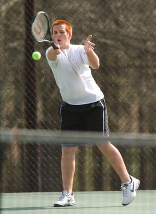 bob ford/times news Nick Mantz of Lehighton returns a shot during a singles match with Pleasant Valley.