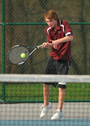 Steve Shinko/Special to the TIMES NEWS Lehighton's James Sverchek returns the ball during Thursday's match against Tamaqua.