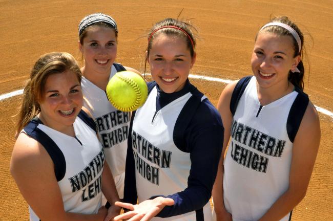 mike feifel/times news Northern Lehigh's deep pitching staff consists of, from left, Maggie Lear, Lauren Haberern, Julie Wagaman and Tamara Stubitz
